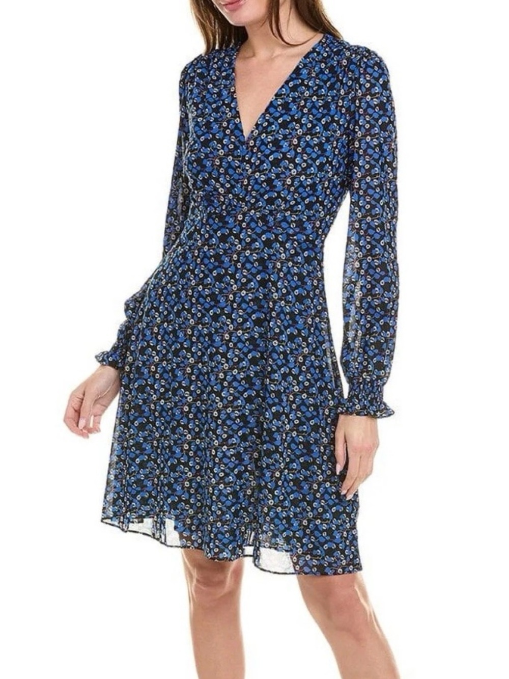 CAbi Blue Floral V-Neck Long Sleeve Dress Size Medium